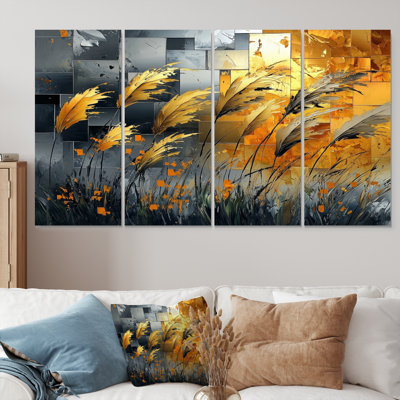 Or et graminées grises - ensemble d'art sur toile Meadow