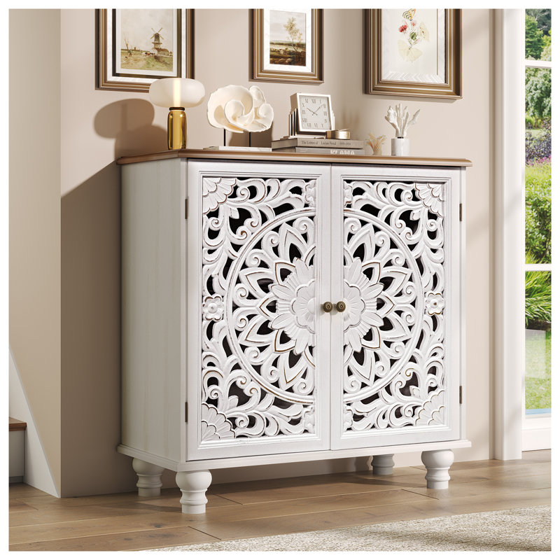 Accent Cabinet With Doors, Storage Cabinet With Solid Wood Legs And Adjustable Shelf, Sideboard Buffet For Living Room, Entryway, Dining Room, Bedroom, White