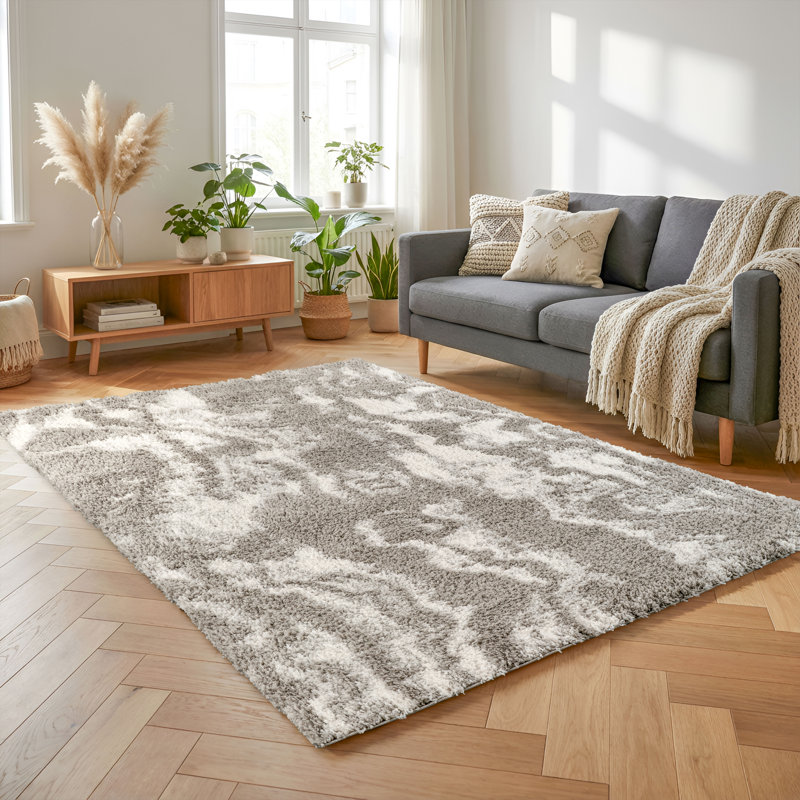 Nova Gray & Ivory Abstract Shag Modern Rug, Gray/Ivory, 4'10" x 8'0"