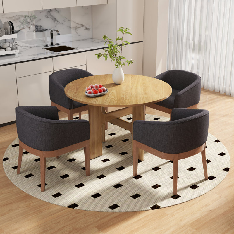 Modern Farmhouse 5-Piece Round Dining Set - Solid Wood Table With X-Base & Upholstered Bucket Chairs, Natural, Charcoal/Brown