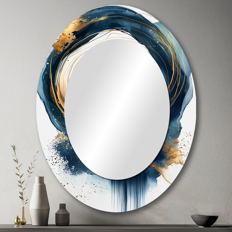 Abstract Gold And Blue Underwater Life III - Abstract Oval Decorative Mirror On Metal, 43" x 33"