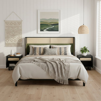 Queen Size Bed Frame with Green Headboard, Black with Green Solid Wood  Bed, No Box Spring Required, Modern Bedroom Furniture