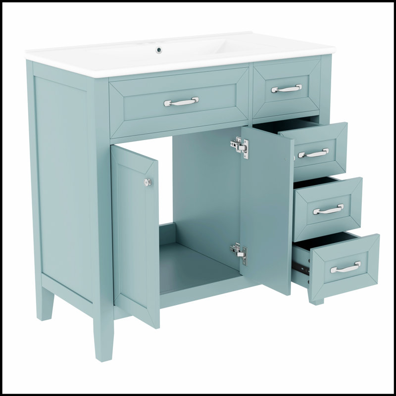 Meuble-lavabo 36 po avec lavabo, armoire verte et tiroirs, panneau de fibres à densité moyenne durable pour les salles de bain modernes et traditionnelles