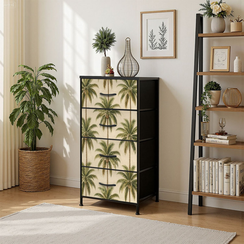 Commode 4 tiroirs à rangement vertical Palmier tropical beige rétro avec tiroirs en bois