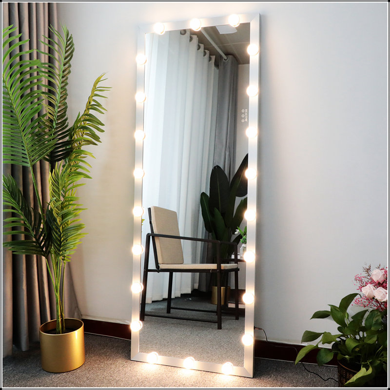 Wall Standing Full Length Mirror With LED Bulbs, Touch Control, And 3 Color Lights For Dressing And Vanity, Silver