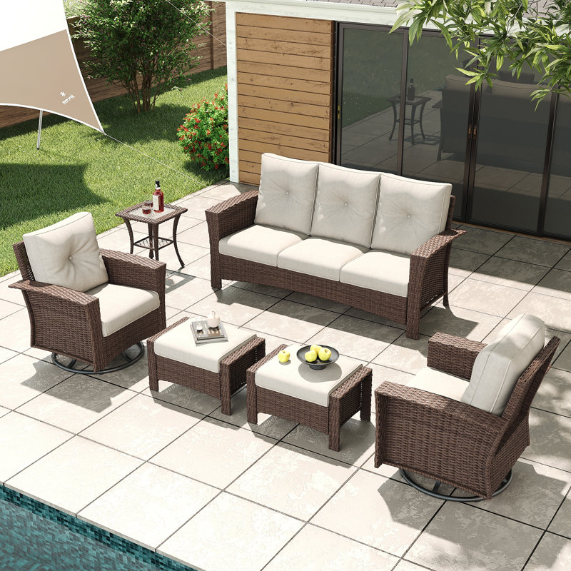 Lark Manor™ 6 Piece Wicker Patio Furniture Set, Classis Outdoor Conversation 360 Degree Swivel Chairs Set with Coffee Table