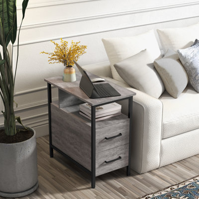 End Table with Charging Station, Narrow End Table with 2 Wooden Drawers