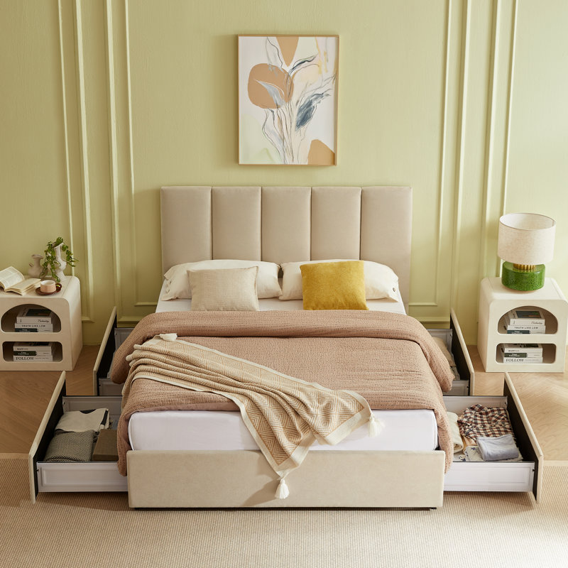 Lit plateforme tapissier avec rangement et 4 tiroirs, support de lattes en bois, aucun sommier nécessaire, Grand lit, Beige