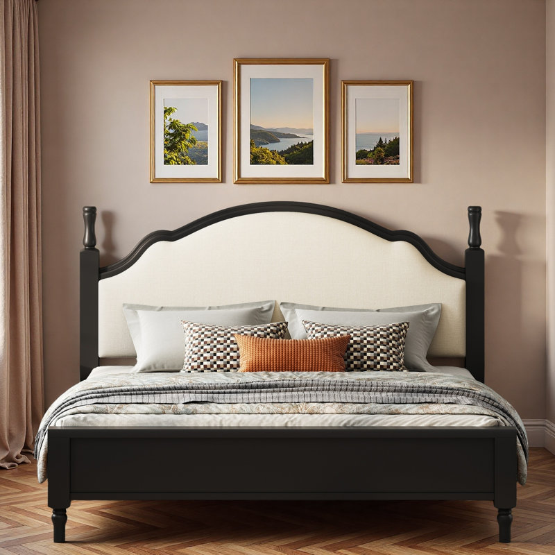 Lit plateforme en bois avec tête de lit tapissier et pieds robustes, Queen, Black