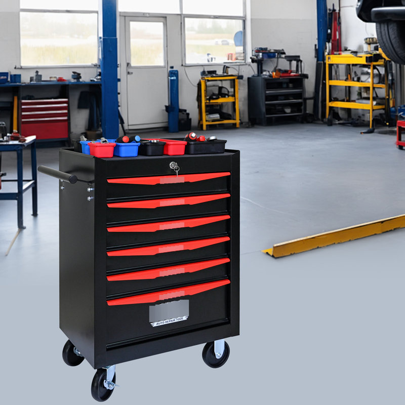 Armoire de rangement 6 outils avec roulettes - coffre noir et rouge stable et verrouillable, Noir / Rouge