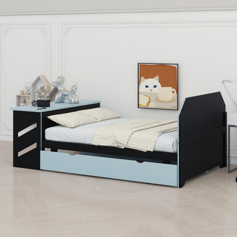 Lit de jour en bois avec couchette, bureau et port USB, Bleu nuage