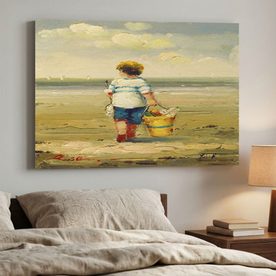 Little Boy Carrying Bucket Walking On Beach Canvas Wall Art, Vintage Seaside Oil Painting Print on High-Weight Canvas with Pine Inner Frame, Coastal Nautical Wall Decor