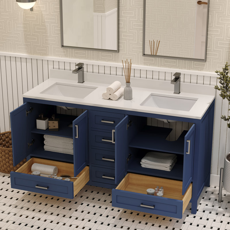 Navy Blue Pinewood Double Bathroom Vanity with Metal Pulls