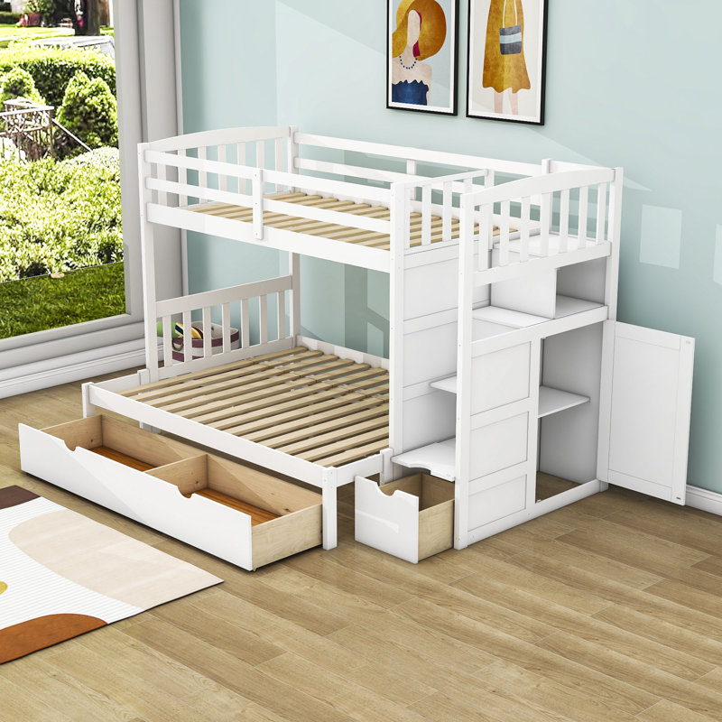 Lit superposé simple en bois avec étagère à 3 tiroirs Emmersyn, Blanc
