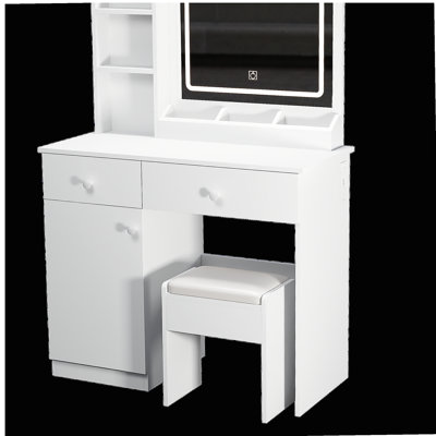 Fashion Vanity Desk with Mirror and Lights for Makeup, Vanity Mirror with Lights and Table Set with 3 Color Lighting Brightness Adjustable, 2 big Drawers, White Color