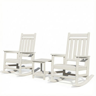 Set of 2 Outdoor HDPE Adirondack Rocking Chairs with 2-Tier Side Table, High-Back Poly Lumber Porch Rockers for Adults, All-Weather Patio Furniture