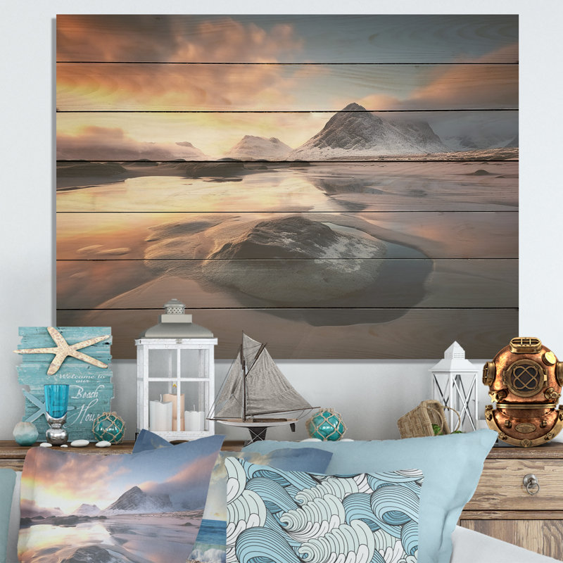 Sunrise On Rocky Beach II - Beach On Wood Print, 34" H x 44" W x 0.78" D