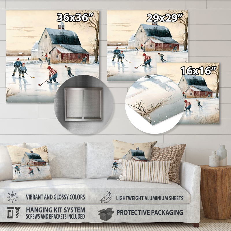 Enfants jouant au hockey en hiver I - décoration murale moderne en métal, H 16 po x l 16 po x P 1 po
