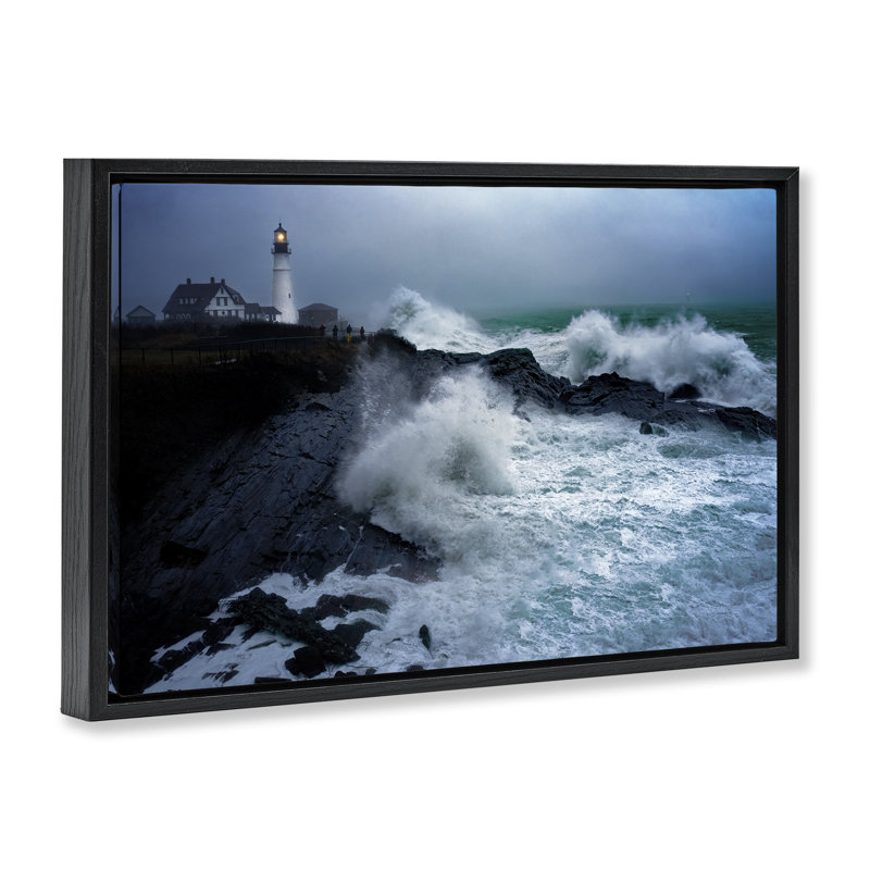 «Splashing Waters with Lighthouse», toile flottante encadrée grise par Rick Berk, Noir, noir, noir, noir, H 17 po x l 25 po