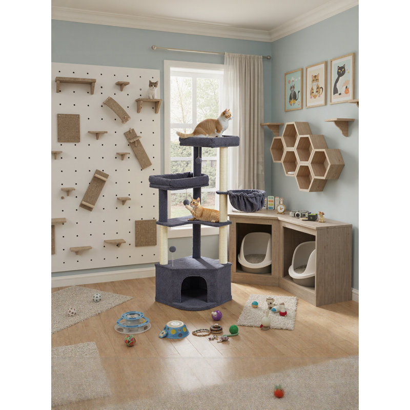 Cat Tree, Multi-Level Tower with Large Platforms, 48.5 x 48.5 x 140.7 cm, Dark Grey