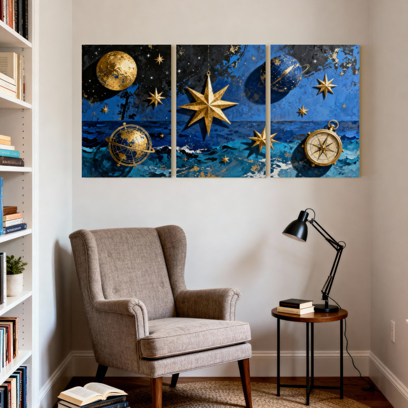 Ensemble de 3 impressions sur toile Cosmic Stars Moon Compass Globe Ocean Night Sky, H 30 po x l 60 po