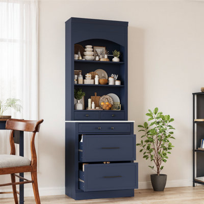 83.7" Tall Modern Kitchen Pantry with Faux Marble Top, Freestanding Hutch with 5 Drawers and Adjustable Shelf