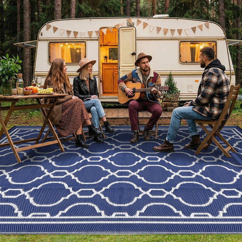 Outdoor Rug Waterproof for Patio, Foldable Reversible Plastic Straw Area Rug for Camping, RV, Balcony, Deck, Picnic, Beach, Blue