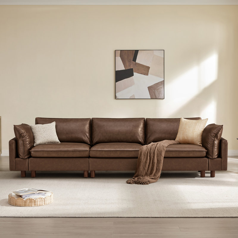 Solena 126.8" W 3-Piece Top Grain Leather and Polyurethane Modular Sofa, Light Brown