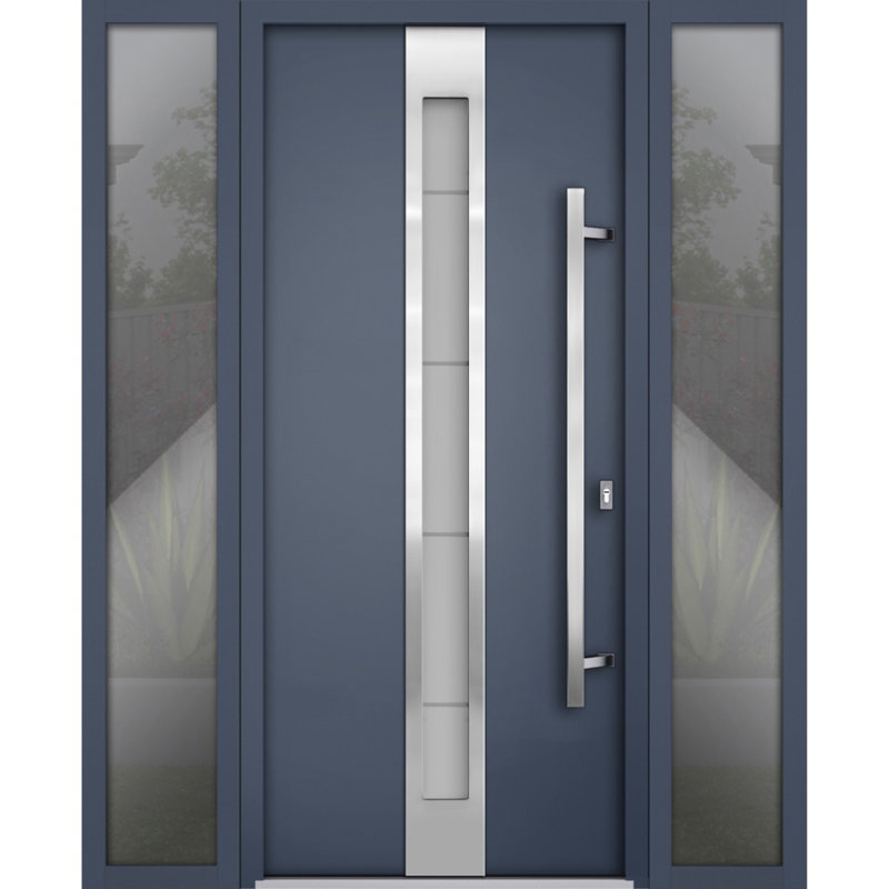 Porte avant en acier pré-suspendue à l'avant / deux graphites gris 1717/2 fenêtres extérieures latérales / inserts en acier inoxydable simples peints modernes - l 12 + 36 + 12 po x H 80 po - Gauche