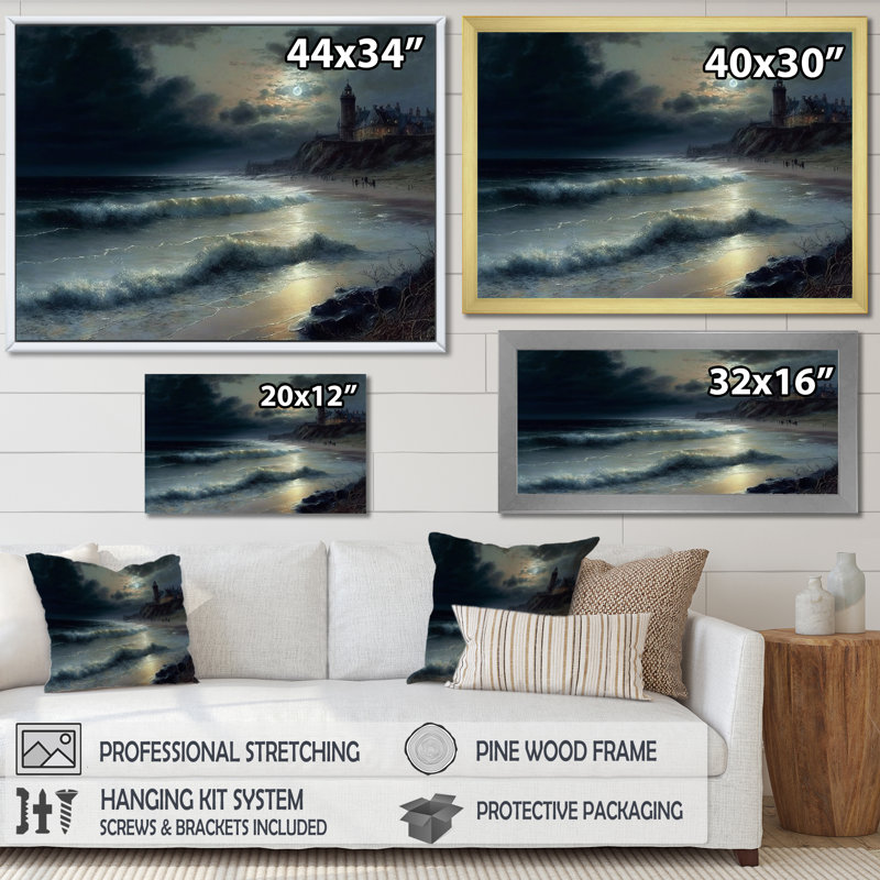 «Lighttower In Stormy Full Moon Beach Night On», reproduction sur toile, Cadre flottant noir, 30" H x 40" W