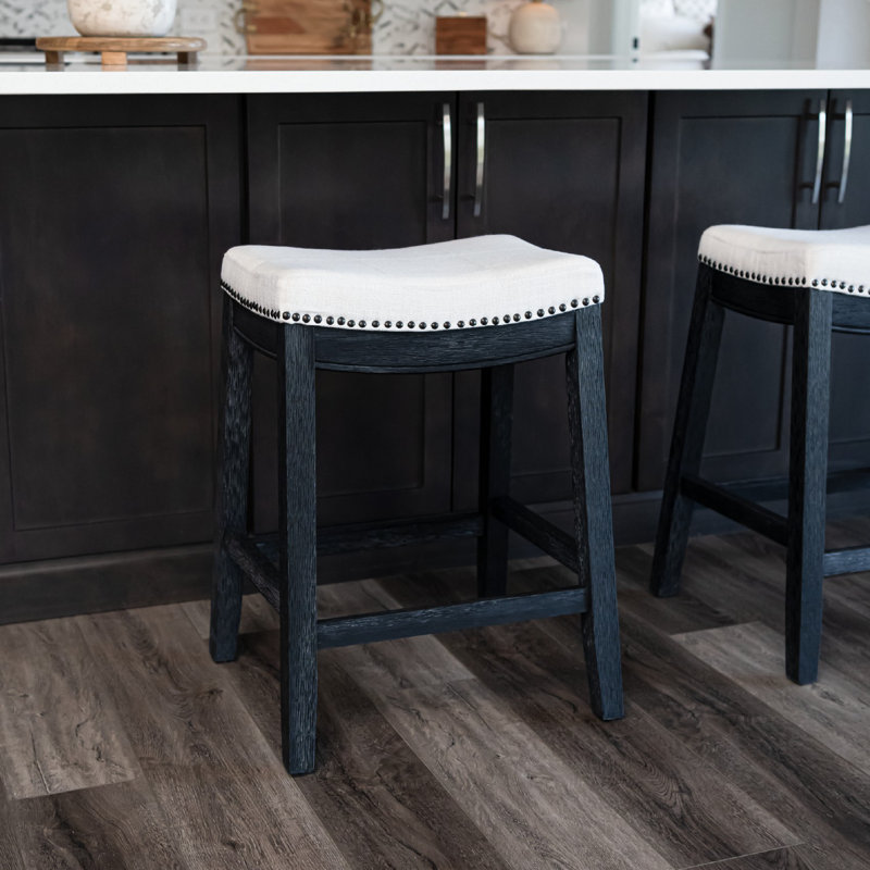 Maven Lane Sophia Wooden Backless Stool with Fabric Upholstery, Counter Stool (26" Seat Height), Aged Black
