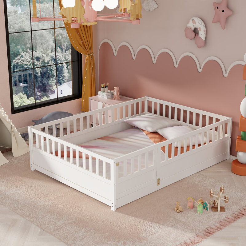 Full Montessori Floor Bed With Door & Rails, Full, White