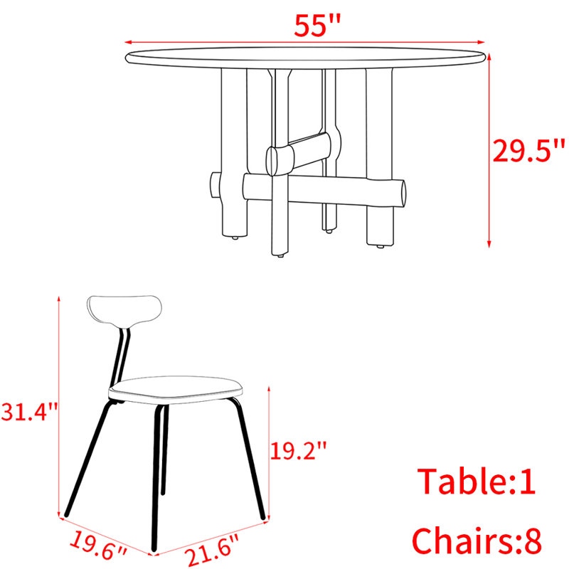 Ensemble de table à manger moderne et simple en bois massif, 29.5" H x 55" W x 55" D, 9 Pieces: Table, 8 Chairs