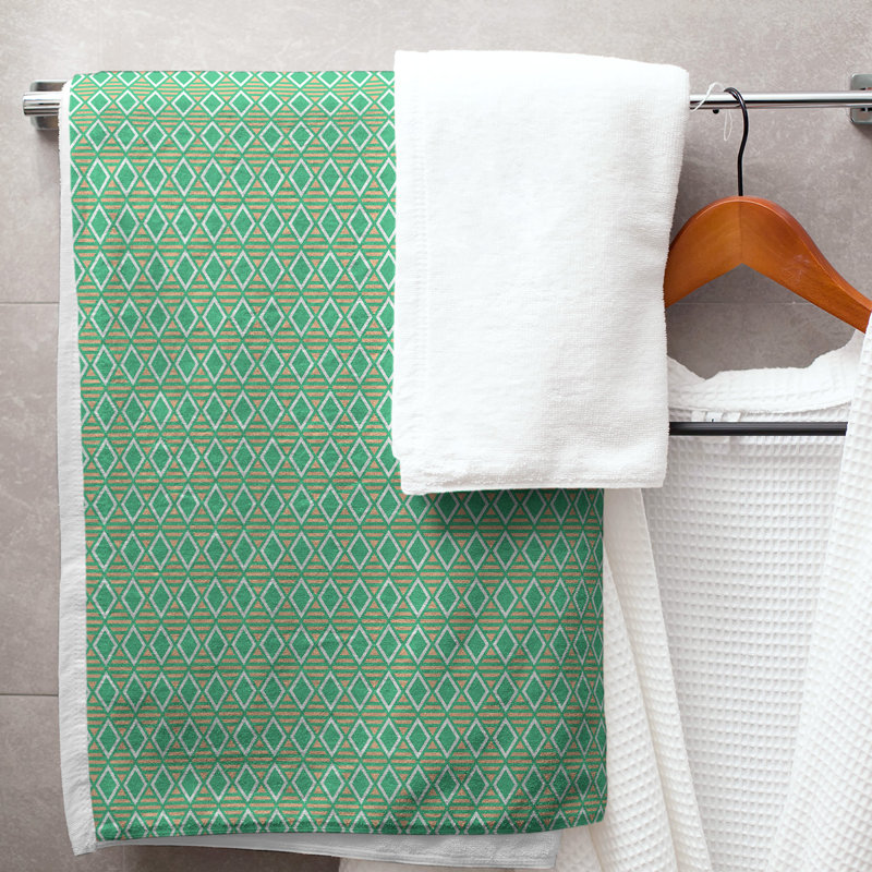 Serviette de bain à losanges géométriques, Vert/orange