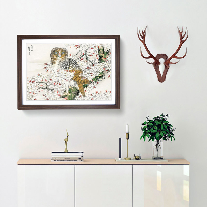 Short-Eared Owl & Cherry Flower by Numata Kashu - Picture Frame Painting Print, 50cm H x 76cm W x 2cm D, Walnut