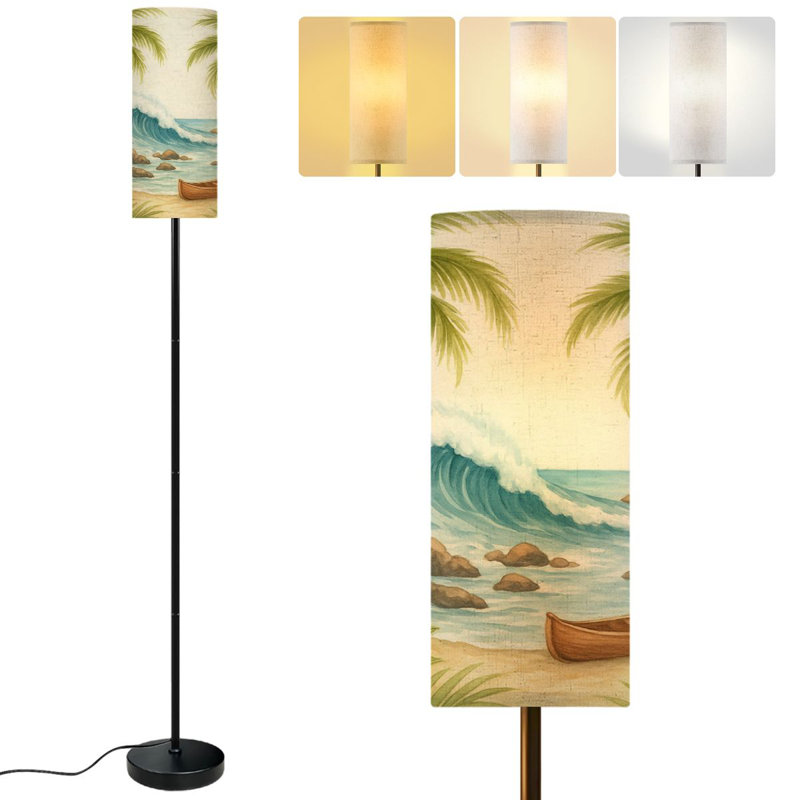  68.5" Standing Floor Lamp Hawaiian vintage island palm tree boat pink hibiscus sea waves summer Dimmable Metal Pole Lamp with Linen Lampshade LED Bulb Included