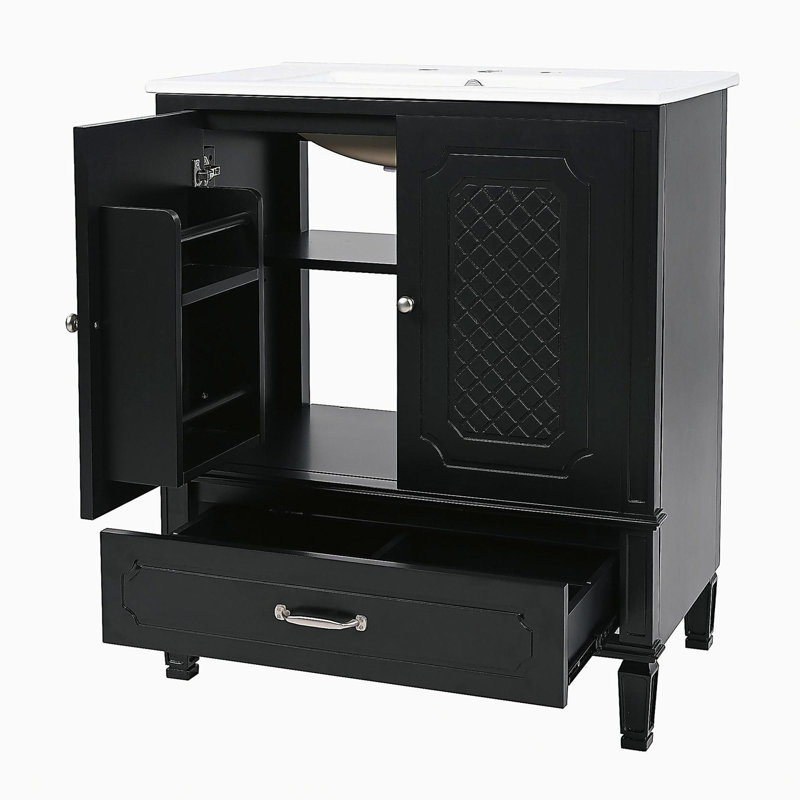 [Video] 30" Bathroom Vanity with Sink Vintage Style, Multi-functional Storage Space, Door Shelf, Soft-closing Door, Black (same sku: N759P218644B)