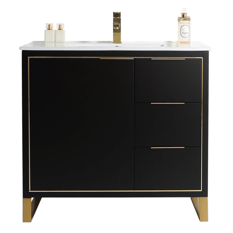 Ensemble de meuble-lavabo simple 36 po, Noir mat, Laiton satiné