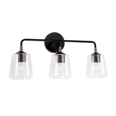 Meuble-lavabo 3 lumières l 24 po x H 11,5 po noir mat avec laiton et verre ensemencé transparent