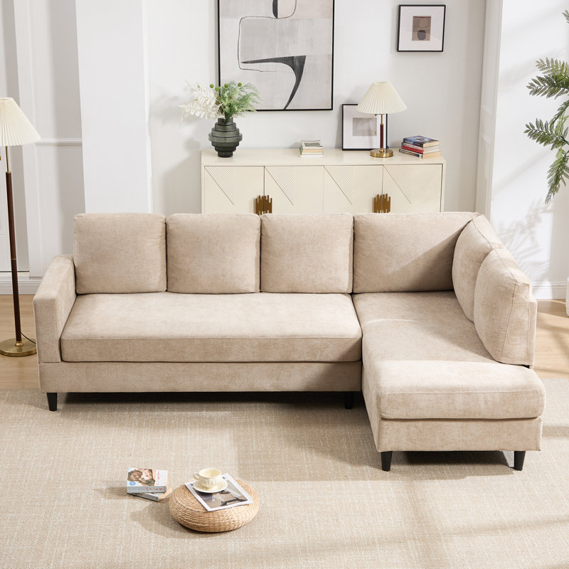 95" Upholstered L Shaped Sofa Modern Sectional, Khaki Chenille