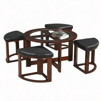 Cylina Solid Wood Glass Top Round Table Set, Coffee Table With 4 Stools