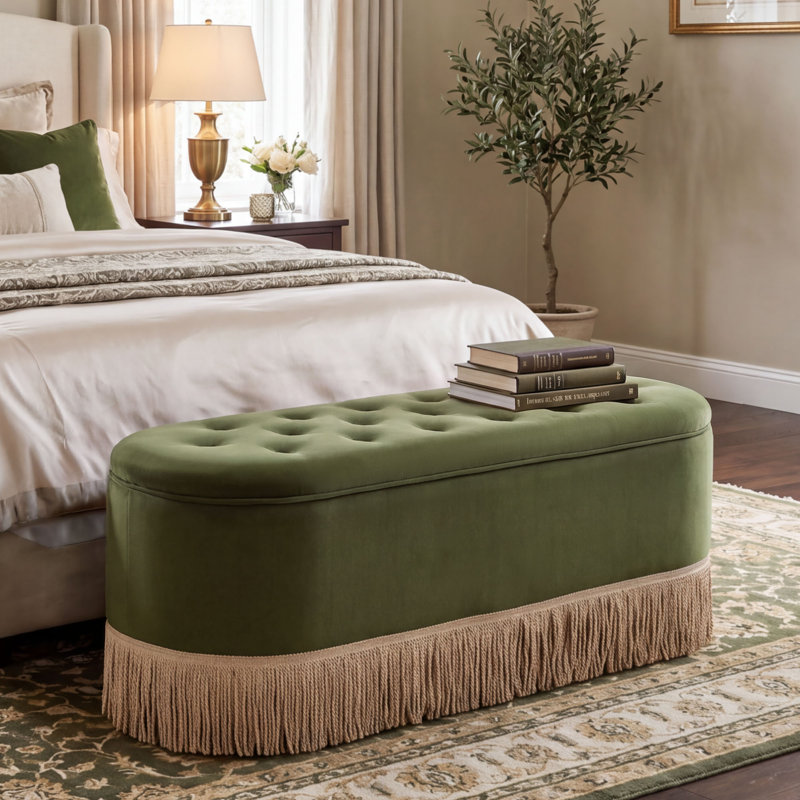 Banc de rangement ovale capitonné avec siège rabattable et bordure à franges, Velours vert olive