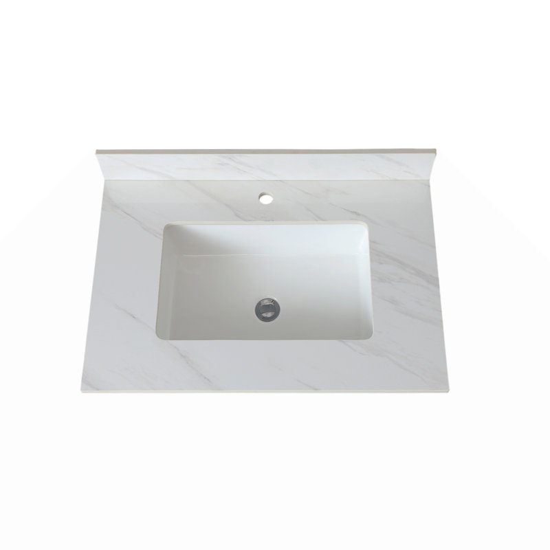 Dessus de meuble-lavabo en marbre, comptoir avec trous de robinet pré-percés, comptoir de salle de bain avec lavabo central encastré rectangulaire et Bianco Carrara Venato