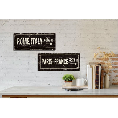 Lovely Vintage Paris, France And Rome, Italy Distance Signs by Pela Studio - 2 Piece Graphic Art on Canvas