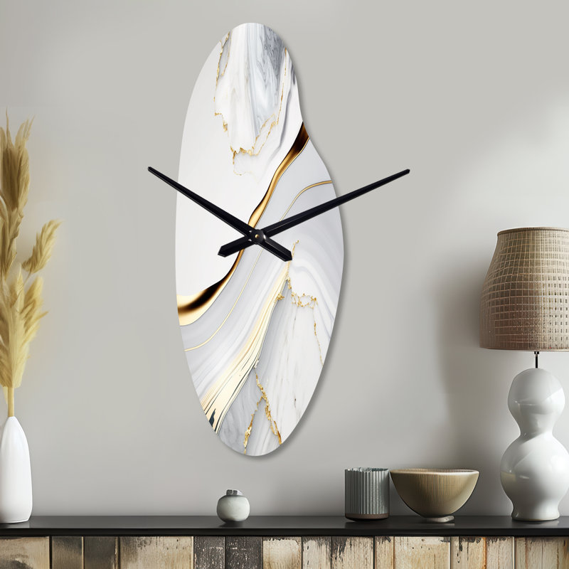Keevin Abstract Geode Waves Grey IV - Abstract Curved Metal Clock, Modern Asymmetrical Wall Clock Print, Large