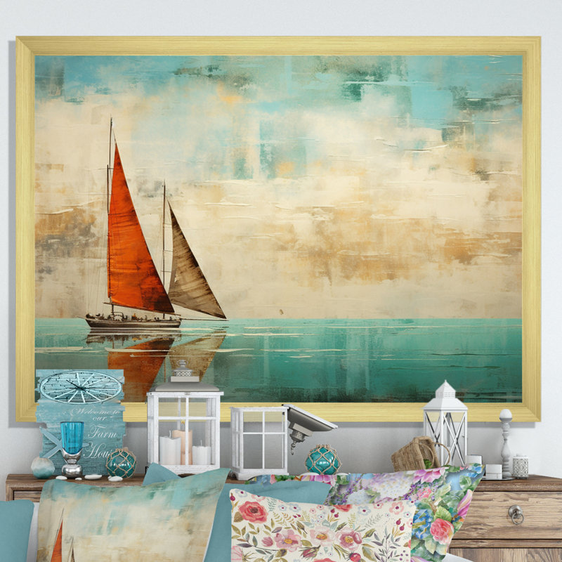 Bateau abstrait côtier III - reproduction d'art sur toile, H 34 po x l 44 po x P 1,5 po, Encadrement doré