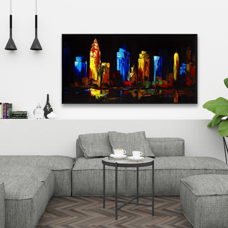 Colorful buildings on a dark background - 24"x48" Framed canvas