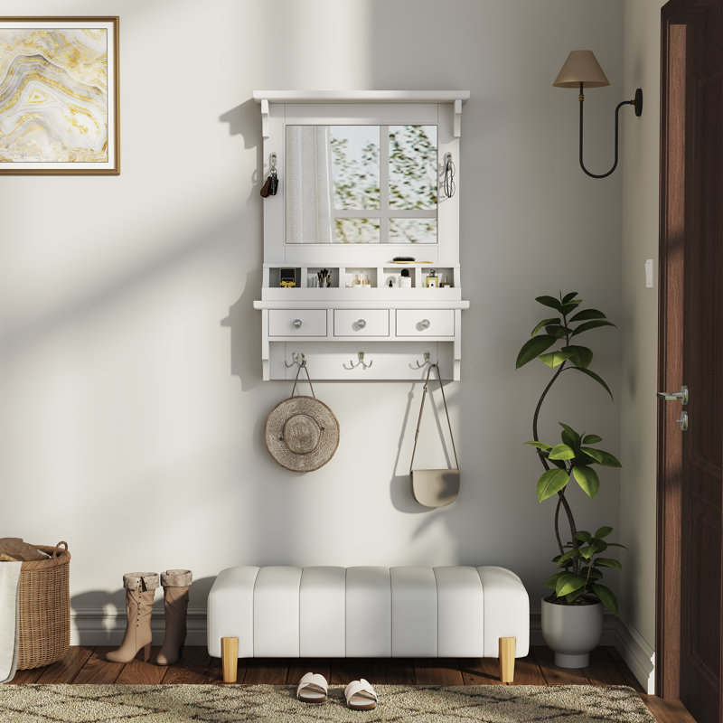 Meuble-lavabo flottant avec grand miroir, meuble-lavabo mural avec tiroirs, pochettes et crochets, rangement décoratif pour petits espaces
