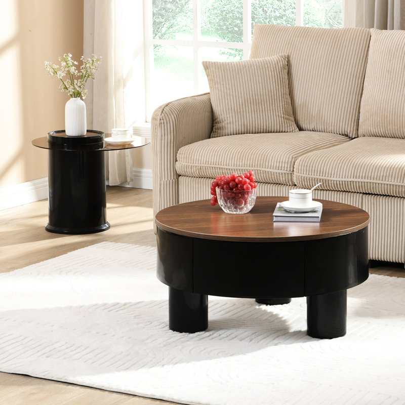 Table basse ronde de 2, centre en plastique noir pour le salon avec tiroir de rangement, option d'économie d'espace pour les petits espaces dans la chambre, caractéristiques de conception uniques, support de base, emboîtement de cuisine polyvalent