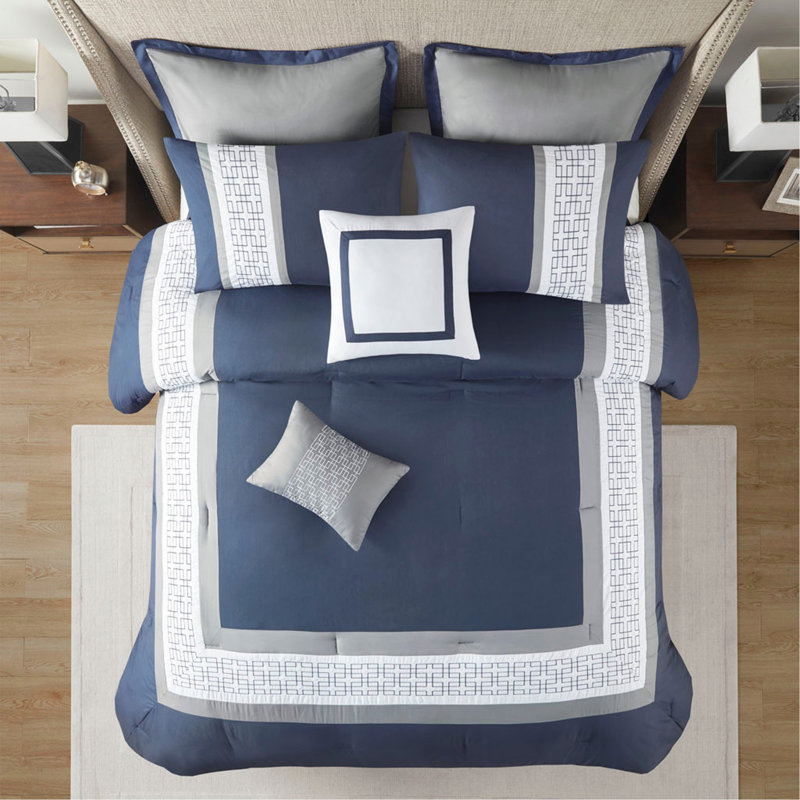 Ensemble d'édredon brodé 8 pièces pour grand lit, Marine, Édredon grand + 7 articles supplémentaires
